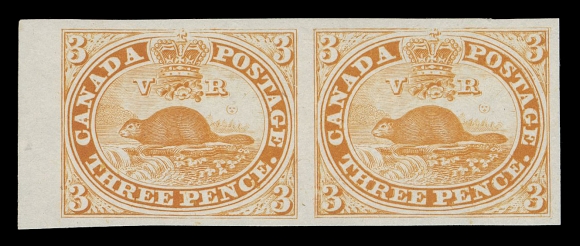 THREE PENCE AND FIVE CENTS  1TCvi + variety,Left margin trial colour proof pair in orange yellow on india paper showing the Major Re-entry (Pane B; Position 42) on right proof with doubling marks in nearly all lettering, particularly pronounced in and around "POSTAGE" among other distinctive traits. A very seldom seen plate variety on this striking proof, choice, XF