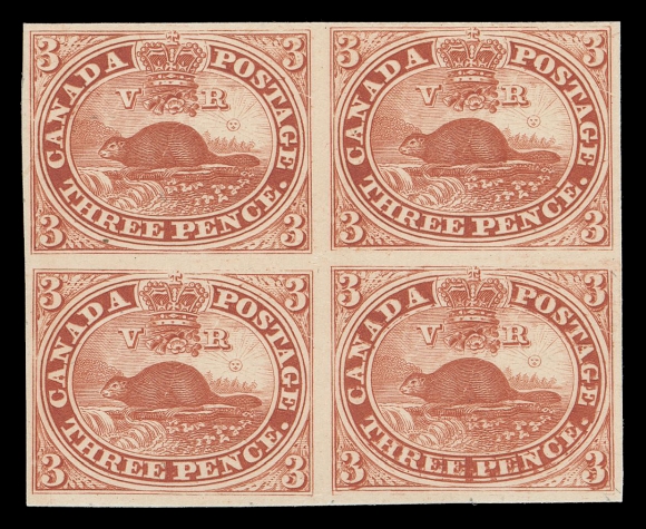 THREE PENCE AND FIVE CENTS  1P + variety,Plate proof block in the issued colour on card mounted india paper, lower right proof displaying the best known plate variety - the Major Re-entry (Pane A; Position 47) with very strong doubling marks in "EE PEN", the bottom of three of the 3s, and other strong features. A desirable block showing the key variety, VF (Unitrade cat. as normal proofs)