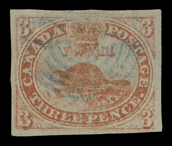 THREE PENCE AND FIVE CENTS  1a, v,A selected used example with mostly large margins, visible laid lines and showing quite clearly the Major Re-entry (Pane A; Position 80) plate variety with doubling in left "3s", doubling of inner horizontal frameline at top left, characteristic marks in "EE PEN" of "THREE PENCE", etc. Ideally postmarked with light concentric rings IN BLUE struck well clear from the plate variety features. A nice example of this variety on the 1851 first issue and especially attractive with the coloured cancellation, VFExpertization: 1976 BPA certificateProvenance: The "Loch" Collection - Canadian Pence Issue, Firby Auctions, April 1999; Lot 48.Although listed in Unitrade, no attempt was made to allocate a catalogue value either mint or used stamp in any grade, certainly an indication of how few exist. 