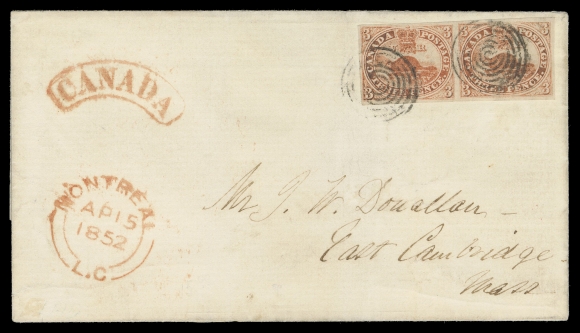 THREE PENCE AND FIVE CENTS  1852 (April 15) A superb cover franked with a well margined horizontal imperforate pair of the 3p red on handmade laid paper with strong laid lines, neatly tied by concentric rings, Montreal double arc dispatch datestamp in red with same-ink border exchange arc CANADA handstamp, addressed to East Cambridge, Massachusetts; no backstamp as customary for mail to the United States. A wonderful cover, among the finest existing 3 pence laid paper covers that one can hope to find, XF (Unitrade 1)Provenance: The "Pipkin" Collection, Sissons Sale 338, June 1974; Lot 12.Gold Medal Collection - Canadian Pence on Covers, Harmers of New York, October 1982; Lot 1