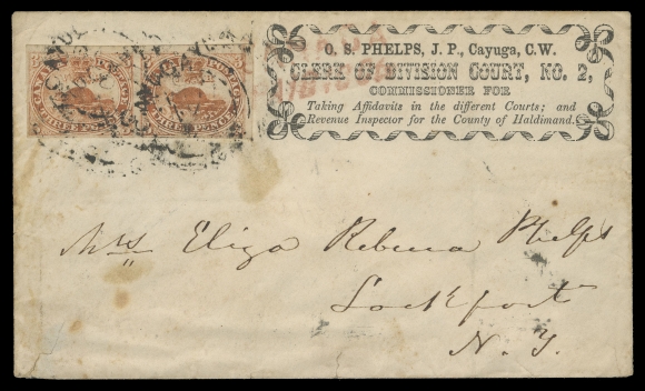 THREE PENCE AND FIVE CENTS  1852 (April 12) O.S. Phelps, Clerk of Division Court, No. 2 advertising cover, paying the 6 pence letter rate to the United States with a horizontal pair of 3p red on laid paper with visible laid lines, well clear to very large margins, unusually tied with several strikes of the Cayuga C.W. double arc dispatch (no dater), another strike on reverse with "12th April 52" filled-in date; Hamilton AP 12, Queenstown APR 13 transits, border exchange CANADA / PAID 10Cts two-line handstamp in red; some soiling and couple small tears at foot. A very rare advertising cover franked, F-VF (Unitrade 1)Provenance: Graham Fairbanks, Sissons Sale 259, April 1967; Lot 34.
