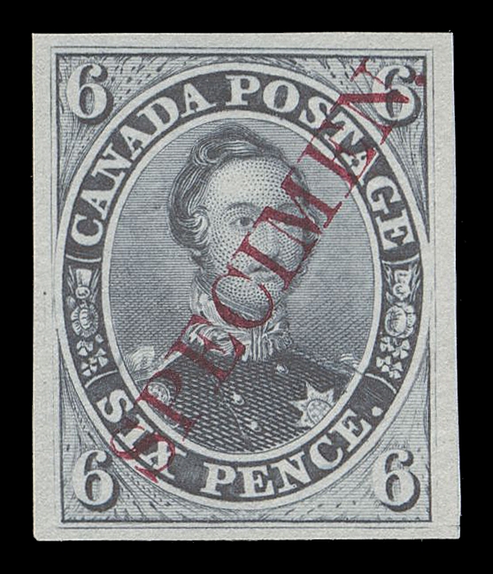 SIX PENCE AND TEN CENTS  2TCiv,Trial colour plate proof printed in grey on india paper with the elusive diagonal SPECIMEN overprint in red, large margined, choice VF+ ex. "Lindemann" collection (private treaty circa. 1997)
