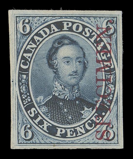 SIX PENCE AND TEN CENTS  2TCxi,Trial colour plate proof printed in grey blue on india paper with vertical SPECIMEN overprint in carmine, VF
