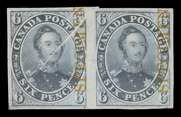 SIX PENCE AND TEN CENTS  2TCv + variety,Trial colour plate proof pair printed in grey on india paper with vertical SPECIMEN overprint in orange, showing a striking pre-print paper fold running diagonally on left stamp and overprint. The first one we recall seeing on any Six pence proof, VF ex. "Midland" Collection of Canada (January 2004; Lot  12)
