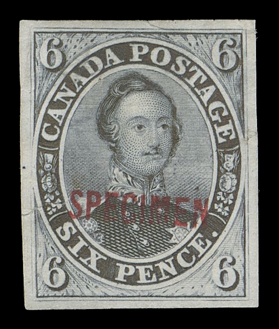 SIX PENCE AND TEN CENTS  2TCvii variety,Trial colour plate proof in dark grey on india paper, tear at left, large margins, with very rarely seen horizontal SPECIMEN (11.5 x 2.5mm) handstamp overprint in deep red. Believed to be the ONLY KNOWN example, VF (Minuse & Pratt 2P3S-Ch)Provenance: The "Lindemann" collection (private treaty circa. 1997).Literature: Illustrated in Winthrop Boggs, "The Postage Stamps and Postal History of Canada" handbook on page 174 (Figure 54).