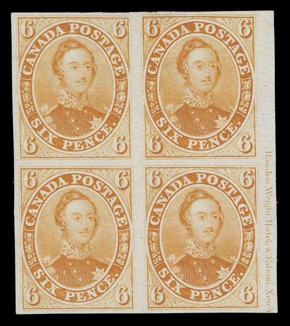 SIX PENCE AND TEN CENTS  2TCii,A very scarce trial colour plate proof block in orange yellow on india paper, nearly complete Rawdon, Wright, Hatch & Edson, New Y(ork) imprint in right margin, minute thin spot at top right. A visually striking block - few exist, VF (Unitrade cat. as four singles) ex. "Lindemann" collection (private treaty circa. 1997)