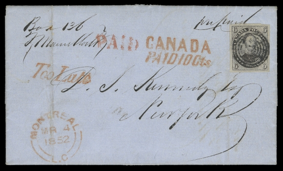 SIX PENCE AND TEN CENTS  1852 (March 4) Folded lettersheet in bright, fresh, clean condition, mailed from Montreal to New York, franked with a large margined 6p slate violet on handmade laid paper, socked-on-nose concentric rings cancellation, clear Montreal double arc dispatch at left with instructional marking "Too Late" italic straightline in red, border exchange office two-line "CANADA Paid 10Cts" handstamp in red and U.S. "PAID" for 6 pence letter rate to the United States, couple file folds away from stamp. A marvelous single-franking cover to the United States, XF (Unitrade 2)Provenance: Henry Conland British North America Postal History, H.R. Harmer Inc., April 2001; Lot 598