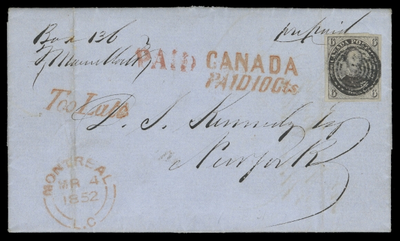 SIX PENCE AND TEN CENTS  1852 (March 4) Folded lettersheet in bright, fresh, clean condition, mailed from Montreal to New York, franked with a large margined 6p slate violet on handmade laid paper, socked-on-nose concentric rings cancellation, clear Montreal double arc dispatch at left with instructional marking "Too Late" italic straightline in red, border exchange office two-line "CANADA Paid 10Cts" handstamp in red and U.S. "PAID" for 6 pence letter rate to the United States, couple file folds away from stamp. A marvelous single-franking cover to the United States, XF (Unitrade 2)

Provenance: Henry Conland British North America Postal History, H.R. Harmer Inc., April 2001; Lot 598