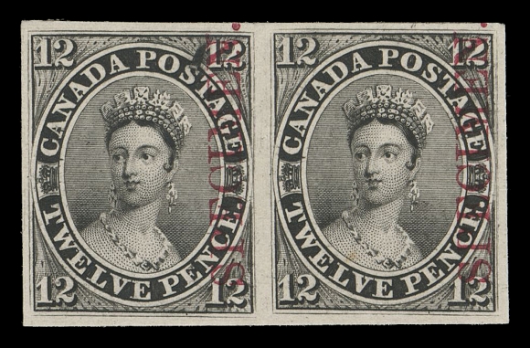 TWELVE PENCE 3Pi,A brilliant fresh and choice plate proof pair in issued colour with vertical SPECIMEN overprint in carmine on card mounted india paper, both with rich colour and sharp impression, a VF and scarce proof pair