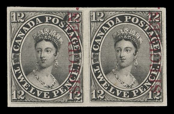 TWELVE PENCE  3Pi,A brilliant fresh and choice plate proof pair in issued colour with vertical SPECIMEN overprint in carmine on card mounted india paper, both with rich colour and sharp impression, a VF and scarce proof pair