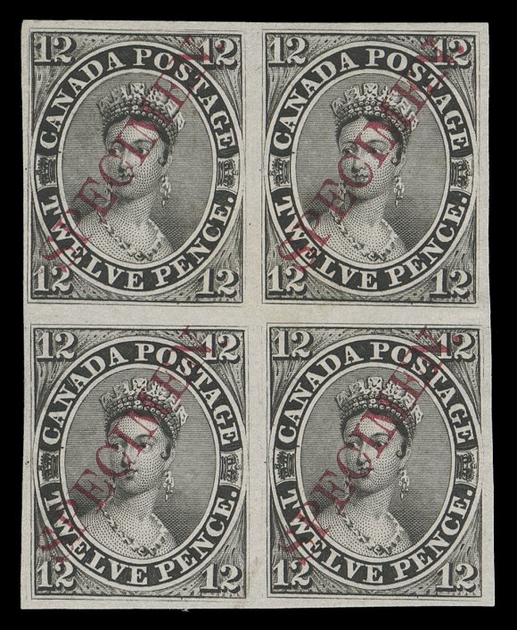 TWELVE PENCE  3Pii,A very rare plate proof block of four in the issued colour on india paper, diagonal SPECIMEN overprint in carmine, tiny spot on lower right proof visible from reverse only. Likely the only surviving twelve pence proof block with diagonal specimen - even as a single this item ranks among the scarcest Canada pence proofs. An important showpiece, VF

Provenance: Sam Nickle collection, Christie