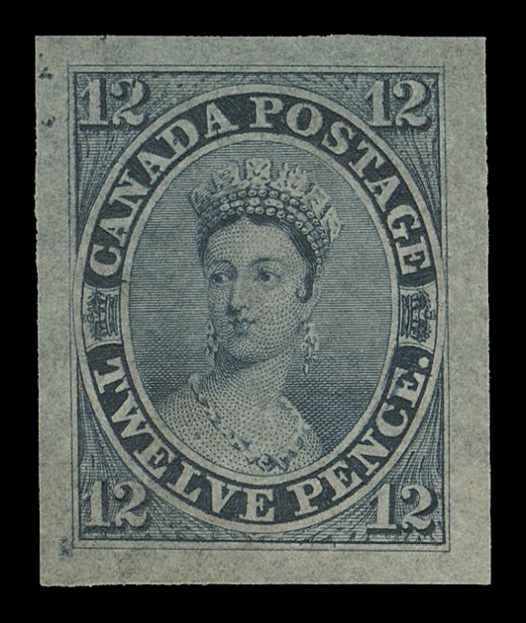 TWELVE PENCE 3TC,An exceptional Engraved Die Proof printed in blue black on the distinctive greyish thin hard bond paper (0.0025" thick), showing characteristic "scar" at "CE" of "PENCE" from the compound die and devoid of any flaws, quite remarkable for this very scarce coloured die proof, XF (Minuse & Pratt 3TC1d)
Provenance: Kasimir Bileski Pence Issue Collection, Eaton & Sons, June 1995; Lot 215