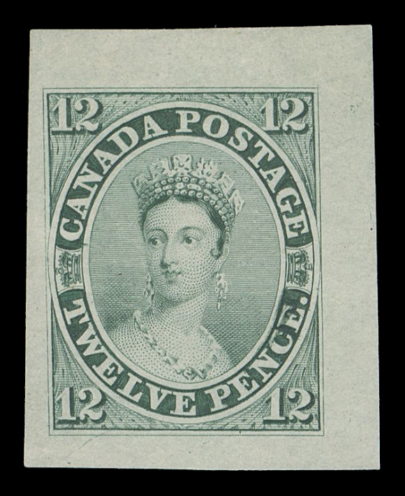 TWELVE PENCE  3TC,"Goodall" Die Proof, engraved, printed in a beautiful shade of dull bluish green on india paper 23 x 29mm; showing the characteristic "scar" die at "CE" of "PENCE". An outstanding die proof in immaculate, fresh and flawless condition, XF (Minuse & Pratt 3TC3g)