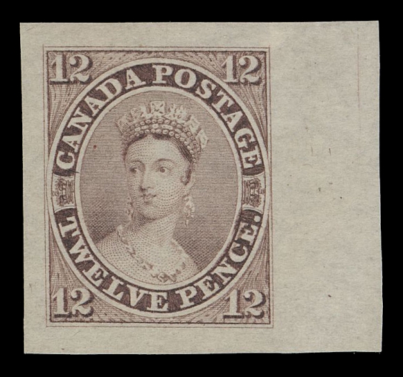 TWELVE PENCE  3TC,An extraordinary Trial Colour Die Proof, engraved, printed in dark purple on the distinctive thin hard bond paper (0.003" thick), shows characteristic "scar" at "CE" of "PENCE" and originating from the Compound Die. A beautiful proof exceptional in all respects, XF GEM (Minuse & Pratt 3TC3d)Provenance: The "Midland" collection of Canada, Firby Auctions, January 2004; Lot 64.