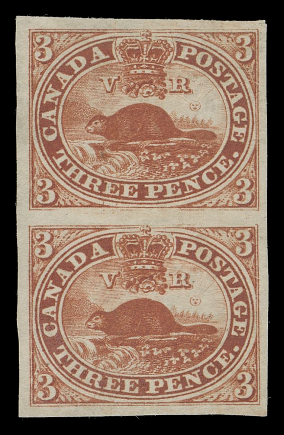 THREE PENCE AND FIVE CENTS 4a,A remarkable unused vertical pair surrounded by large margins, amazingly deep rich colour on bright fresh paper. This superb pair ranks among the very finest unused multiples of the Three pence Beaver, XF
Expertization: 1994 Greene Foundation certificate
Provenance: The "Lindemann" Collection - Canada Pence & Cents Issue (private treaty circa. 1997).