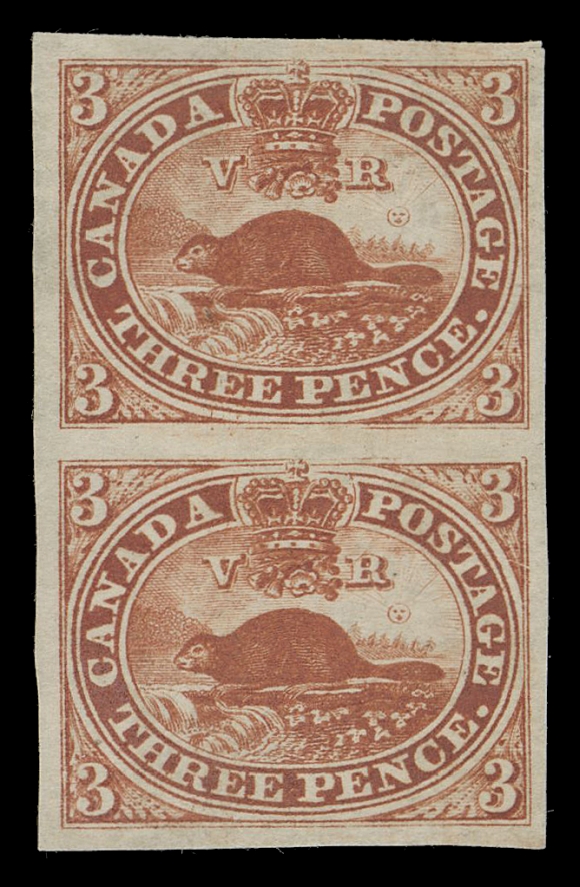 THREE PENCE AND FIVE CENTS  4a,A remarkable unused vertical pair surrounded by large margins, amazingly deep rich colour on bright fresh paper. This superb pair ranks among the very finest unused multiples of the Three pence Beaver, XF

Expertization: 1994 Greene Foundation certificate

Provenance: The "Lindemann" Collection - Canada Pence & Cents Issue (private treaty circa. 1997).