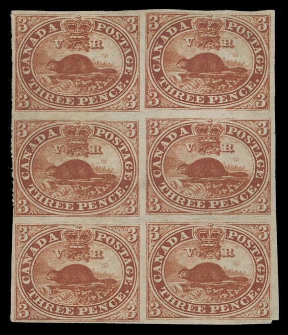 THREE PENCE AND FIVE CENTS  4a, x,The famous "Pack" unused block of six, displaying deep rich colour on fresh paper, clear to mainly large margins all around, tiny tear at left of third stamp, small thin at top right and hint of a marginal crease between lower pairs, the latter two trivial and not mentioned in the accompanying certificate. This very rare unused block additionally shows an elusive STITCH WATERMARK variety running vertically down the left column. A wonderful block of the utmost rarity, Very FineExpertization: 1998 Greene Foundation certificateProvenance: Charles Lathrop Pack, Part II, Harmer, Rooke & Co., April 1945; Lot 72John Foxbridge (du Pont) Collection (private treaty 1988).The Weill Brothers, Christie