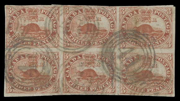 THREE PENCE AND FIVE CENTS  4c,The largest known block of this elusive and notoriously fragile  paper type - a very impressive used block of six with clear to  large margins, torn through middle pair and rejoined, still  attractive with unusually clear strikes of four-ring 