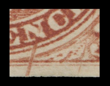 THREE PENCE AND FIVE CENTS  4ix,A superb mint example clearly showing the well-documented Cracked Plate variety (Pane A; Position 31) also known as the "Railway Tracks", large margined with exceptional colour and bold radiant impression that further accentuates the variety, hinged remnant with part original gum. A marvelous stamp with the sought-after variety; without any doubt THE FINEST KNOWN mint example, XFExpertization: 1989 APS certificateProvenance: Graham Fairbanks, Sissons Sale 259, April 1967; Lot 77.The "Lindemann" Collection - Canada Pence & Cents Issue (private treaty circa. 1997).