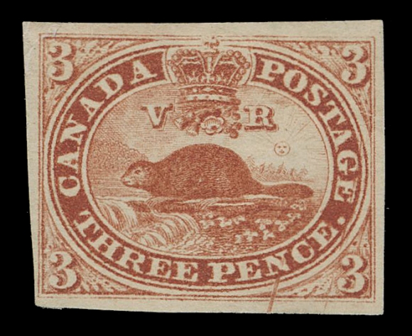 THREE PENCE AND FIVE CENTS  4ix,A superb mint example clearly showing the well-documented Cracked Plate variety (Pane A; Position 31) also known as the "Railway Tracks", large margined with exceptional colour and bold radiant impression that further accentuates the variety, hinged remnant with part original gum. A marvelous stamp with the sought-after variety; without any doubt THE FINEST KNOWN mint example, XF

Expertization: 1989 APS certificate

Provenance: Graham Fairbanks, Sissons Sale 259, April 1967; Lot 77.

The "Lindemann" Collection - Canada Pence & Cents Issue (private treaty circa. 1997).