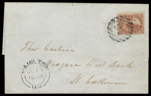 THREE PENCE AND FIVE CENTS  1858 (June 18) Folded cover in unusually clean condition addressed to St. Catharines, bearing a superb 3p red on medium wove paper with enormous margins ex Pane A, Position 41 - the "Cracked Plate" variety from Position 31 can be seen prominently at top, the start of the plate variety known as the "Railway Tracks"; neatly tied by grid "16" cancellation with clear Hamilton JU 18 1858 dispatch, light receiver backstamp in red. A great cover for the specialist, XF (Unitrade 4ix, variety)Provenance: Bertram Collection of Canada, Shanahan
