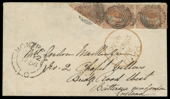 THREE PENCE AND FIVE CENTS  1856 (September 12) An impressive cover - one of only three Canadian Pence era bisect covers in existence; bearing 3p red on thin wove paper pair and diagonal bisect in a horizontal strip paying the newly adopted reduced 7½p currency letter rate to the United Kingdom, effective May 1856, slight creasing and two small scissor cuts, one touching design, tied by concentric rings, neat Montreal double arc dispatch at left, red London Paid 25 SP 1856 circular receiver further ties the strip. One of the key covers from this collection, perfect for a serious postal history collection, F-VF (Unitrade 4b cat. $50,000; SG 5a £38,000)

Expertization: 1973 RPS of London certificate.

Provenance: Fine B.N.A., Sissons Sale 341, October 1974; Lot 29.

Canadian Pence Issues on Covers "A selection of 29 outstanding  items from a famous collection", H.R. Harmer Ltd., December 1976; Lot 3004.

British America Sale, Sotheby Parke Bernet Stamp Auction, May  1980; Lot 45 - sold then for an impressive US$24,000 hammer.

Unknown Provenance, Classic Canada, Danam Auctions, February 1982; Lot 22.

Census: Three covers exist as follows: 1) July 17, 1856 (ex.  Dale-Lichtenstein, Nickle); 2) September 10, 1856 (ex. Carrington, Cantor); and 3) September 12, 1856 (offered here)

Origin: A letter by Graham Locke to the editor, published in BNA Topics Vol. 41 No. 4, Whole No. 402 (July - August 1984) on page 5-6, pertains to the three known 3p bisect covers, and regarding this cover reads: "...was discovered in Dollard des  Ormeaux, Quebec by a non-philatelist and was sold by Sissons in 1974. This cover has come back onto the market of late, most recently appearing in a Daniel Kelleher Co. sale last November."