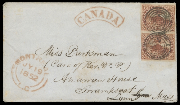 THREE PENCE AND FIVE CENTS  1852 (July 19) A beautiful, clean blue cover from Montreal to  Lynn, Massachusetts, bearing a pair of 3p deep orange red on  medium wove paper, just touching frame to ample margins, each  stamp with socked-on-nose concentric rings, clear Montreal JY 19  1852 double arc dispatch in red with same-ink border exchange arc "CANADA" handstamp, paying the 6 pence letter rate to the US; no backstamp as customary for mail to the U.S. An attractive and  choice cover bearing a pair of Three pence Beaver from second  printing order, VF (Unitrade 4ii)This pair originates from Printing Order No. 2, the first for the wove paper stamps; ordered mid-March 1852 and delivered April  6, 1852.