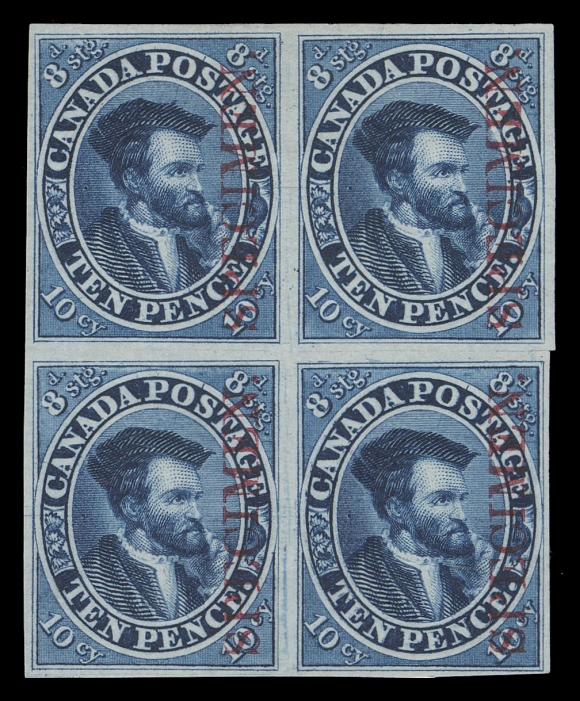 TEN PENCE AND SEVENTEEN CENTS 7Pi + variety,Plate proof block in issued colour on india paper, vertical SPECIMEN overprint in carmine, showing Strong Re-entry on lower right proof (Position 52 in sheet of 120 subjects) with strong doubling in many of the letters, ovals and corner numerals, VF; ex. "Lindemann" collection (private treaty circa. 1997)