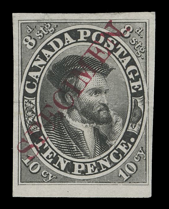TEN PENCE AND SEVENTEEN CENTS  7TCii,Trial colour plate proof in black  on india paper, diagonal SPECIMEN overprint in carmine, very large margins; an elusive proof often missing even in advanced collections, VF; ex. "Lindemann" collection (private treaty circa. 1997)