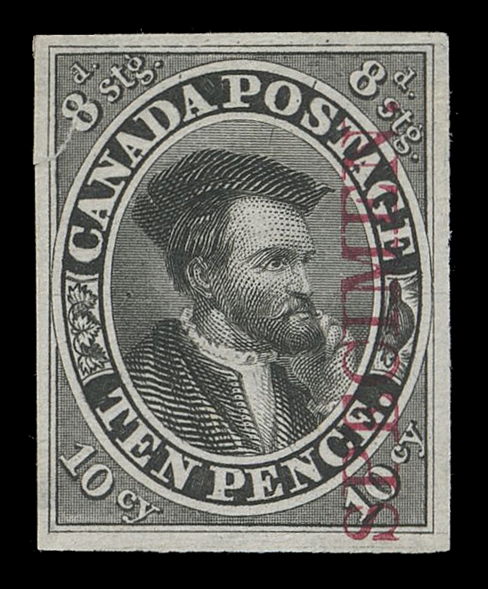 TEN PENCE AND SEVENTEEN CENTS  7TCi,Trial colour plate proof in black on india paper, vertical SPECIMEN overprint in carmine, small tear at top left, seldom seen, VF (Unitrade 7TCi)