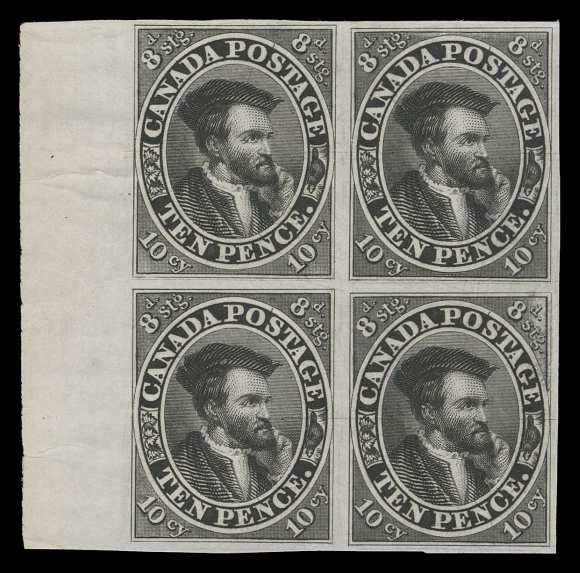 TEN PENCE AND SEVENTEEN CENTS  7TC,Trial colour plate proof block printed in black on india paper, Positions 61-62 / 73-74 in the sheet of 120 subjects, light wrinkling mostly confined to left margin. A very scarce block, VFPosition 74 (lower right proof) shows a prominent Short Transfer variety at top right and a strong dotted horizontal guideline at centre extending into side margins and stamp at left.
