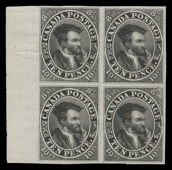 TEN PENCE AND SEVENTEEN CENTS 7TC,Trial colour plate proof block printed in black on india paper, Positions 61-62 / 73-74 in the sheet of 120 subjects, light wrinkling mostly confined to left margin. A very scarce block, VF
Position 74 (lower right proof) shows a prominent Short Transfer variety at top right and a strong dotted horizontal guideline at centre extending into side margins and stamp at left.