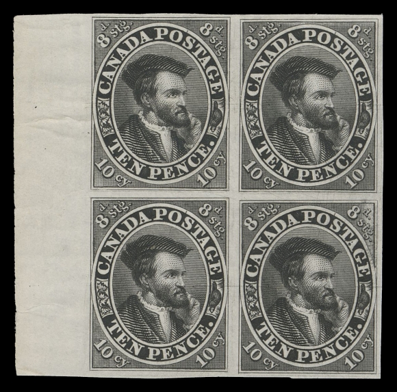 TEN PENCE AND SEVENTEEN CENTS  7TC,Trial colour plate proof block printed in black on india paper, Positions 61-62 / 73-74 in the sheet of 120 subjects, light wrinkling mostly confined to left margin. A very scarce block, VF

Position 74 (lower right proof) shows a prominent Short Transfer variety at top right and a strong dotted horizontal guideline at centre extending into side margins and stamp at left.