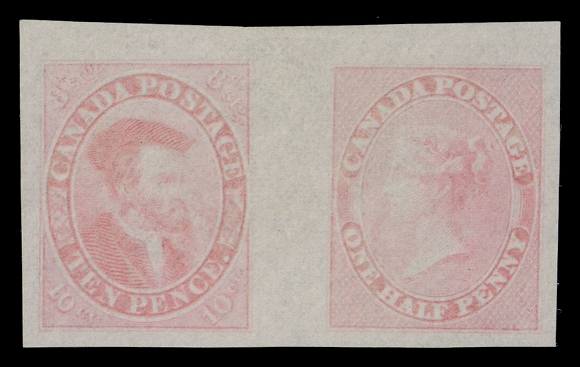 TEN PENCE AND SEVENTEEN CENTS  7P & 8P,An extraordinary American Bank Note Company se-tenant pair of engraved Trade Sample Proofs originating from the trade sample sheet. Printed in a visually striking bright pinkish rose colour on white bond paper (0.003" thick). In immaculate condition, exceptionally fresh and superb in all respects, XF; rarely offered as an intact pair. (Minuse & Pratt PB-Ac)Provenance: The "Lindemann" Collection - Canada Pence & Cents Issue (private treaty circa. 1997).