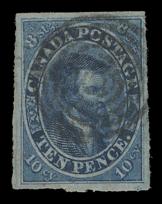 TEN PENCE AND SEVENTEEN CENTS  7ii,An unusually choice used example of this notoriously difficult classic stamp, remarkably showing the most sought-after plate variety - The Major Re-entry (Position 29) with very strong doubling in "CANADA", "TEN PENCE", as well as in the white ovals along with other traits unmistakable to this particular variety, clear at top right to very large margins and devoid of the usual flaws so prevalent on this paper,well struck concentric rings cancel. A wonderful example of this Major Re-entry; it would be a major challenge to locate even a remotely similar quality example, VF