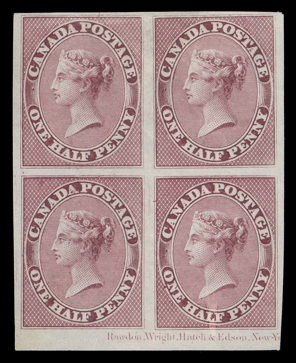 HALF PENNY AND ONE CENT 8P,Plate proof block in the issued colour on india paper, nearly complete Rawdon, Wright, Hatch & Edson New Yo(rk) imprint at foot (Positions 87-88 / 97-98 in the trimmed plate of 100 subjects), VF
