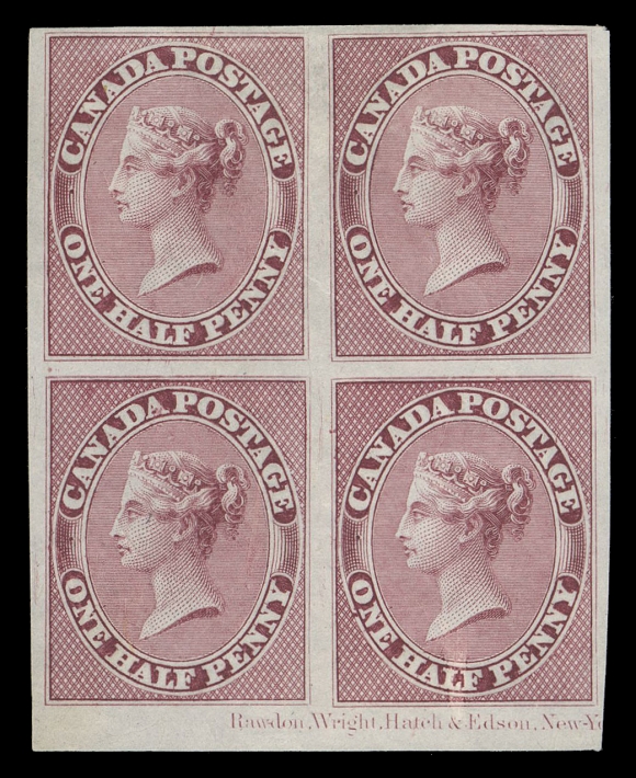 HALF PENNY AND ONE CENT  8P,Plate proof block in the issued colour on india paper, nearly complete Rawdon, Wright, Hatch & Edson New Yo(rk) imprint at foot (Positions 87-88 / 97-98 in the trimmed plate of 100 subjects), VF