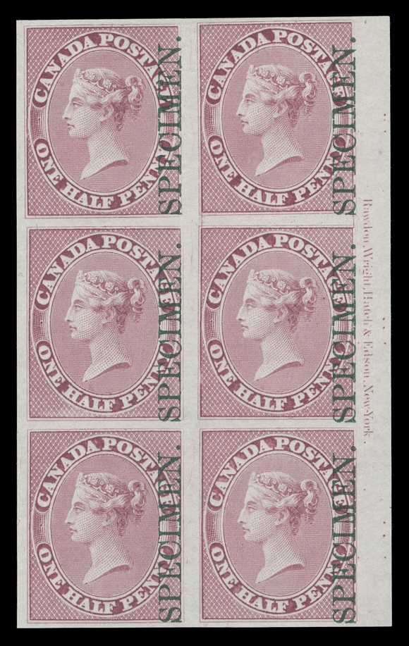 HALF PENNY AND ONE CENT  8Pi,A beautifully fresh and choice plate proof block of six in the issued colour on india paper, showing full imprint in right margin and two well-documented Major Re-entries (Positions 70 & 80 from the trimmed plate of 100 subjects) visible on second and fourth stamps. An impressive plate imprint and variety block, VF+ (Unitrade cat. as normal singles) Provenance: Henry Gates, Part 1, Maresch Sale 124, March 1981; Lot 357