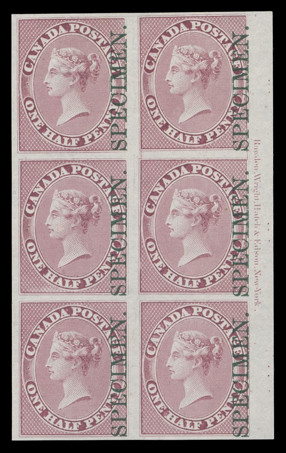 HALF PENNY AND ONE CENT 8Pi,A beautifully fresh and choice plate proof block of six in the issued colour on india paper, showing full imprint in right margin and two well-documented Major Re-entries (Positions 70 & 80 from the trimmed plate of 100 subjects) visible on second and fourth stamps. An impressive plate imprint and variety block, VF+ (Unitrade cat. as normal singles)
Provenance: Henry Gates, Part 1, Maresch Sale 124, March 1981; Lot 357