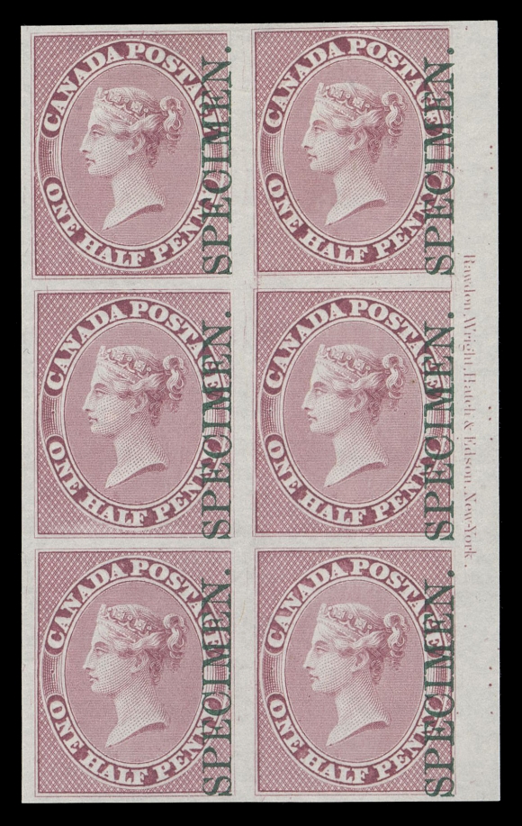 HALF PENNY AND ONE CENT  8Pi,A beautifully fresh and choice plate proof block of six in the issued colour on india paper, showing full imprint in right margin and two well-documented Major Re-entries (Positions 70 & 80 from the trimmed plate of 100 subjects) visible on second and fourth stamps. An impressive plate imprint and variety block, VF+ (Unitrade cat. as normal singles) 

Provenance: Henry Gates, Part 1, Maresch Sale 124, March 1981; Lot 357