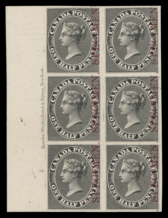HALF PENNY AND ONE CENT  8TCii + variety,A superb trial colour plate proof block of six printed in black on card mounted india paper, vertical SPECIMEN overprint in carmine and displaying the full plate imprint in left margin, proving it originated from the plate of 120 subjects (Positions 13-14 / 37-38). Position 26 (right proof in middle pair) shows very clearly the characteristics of the elusive Strong Re-entry with doubling in "PE" of "PENCE", upper and lower left vertical frames, etc. A remarkable block, VF+The elusiveness of this plate variety, first mentioned in Fred Jarrett