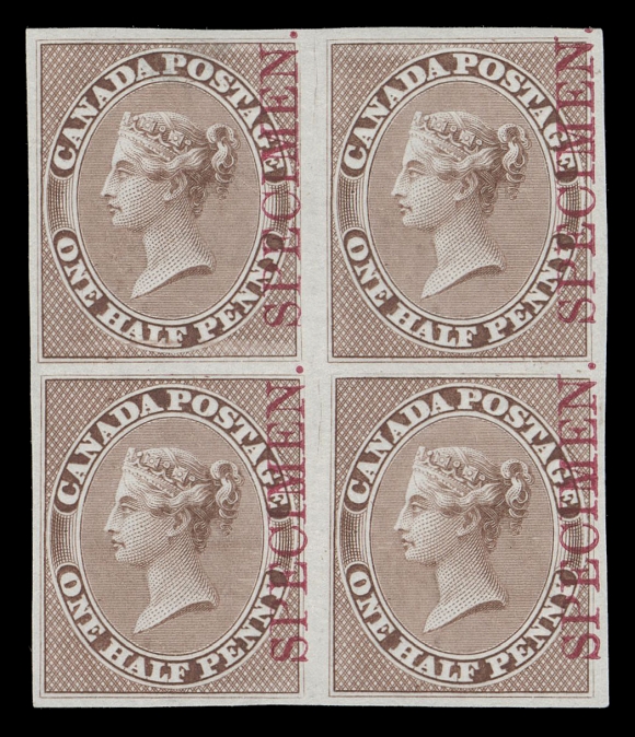 HALF PENNY AND ONE CENT  8TCiii,Trial colour plate proof block printed in brown on india paper with vertical SPECIMEN overprint in carmine, negligible mount mark on top left stamp; attractive, fresh and VF