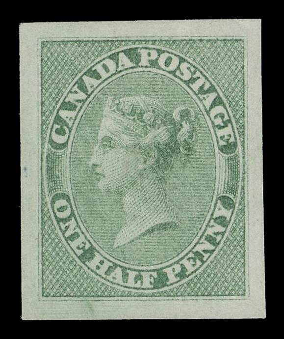 HALF PENNY AND ONE CENT  8,American Bank Note Co. trade sample proof, engraved, printed in bright yellowish green on thicker white wove vertical mesh paper (0.004" thick), superb and with great eye-appeal, XF