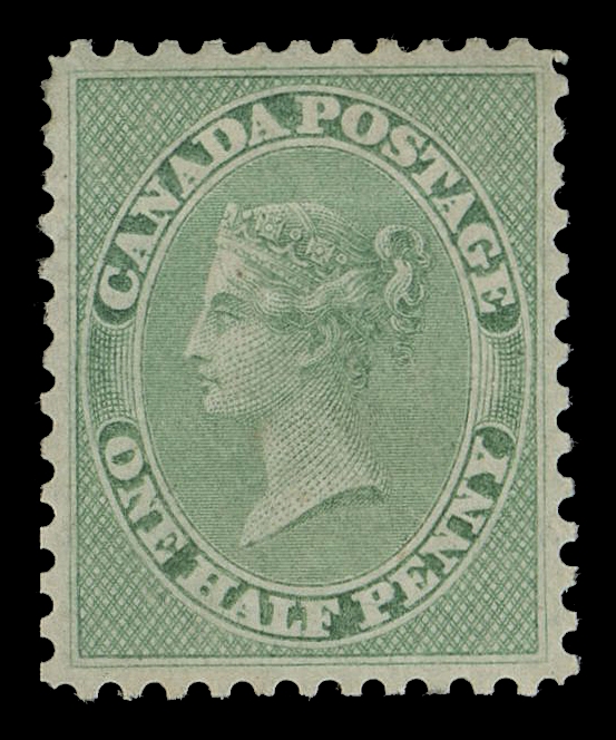 HALF PENNY AND ONE CENT  8,American Bank Note Co. trade sample proof, engraved, printed in bright yellow green on white wove vertical mesh paper, perforated and gummed by ABNC, a rare and very appealing coloured proof, VF OG