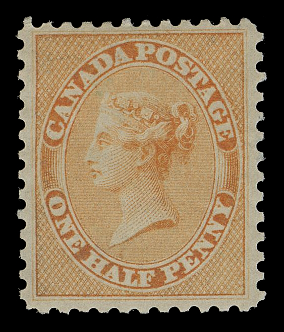 HALF PENNY AND ONE CENT 8,American Bank Note Co. trade sample proof, engraved, printed in deep yellow orange on white wove vertical mesh paper (0.003" thick), gummed and perforated by ABNC. An exceptional and rare coloured proof of wonderful appeal, XF OG
Provenance: Henry Gates (Part 1), Maresch Sale 124, March 1981; Lot 382.
Maresch Private Treaty (third catalogue, 1983), item 47.
The "Lindemann" collection (private treaty circa. 1997).
