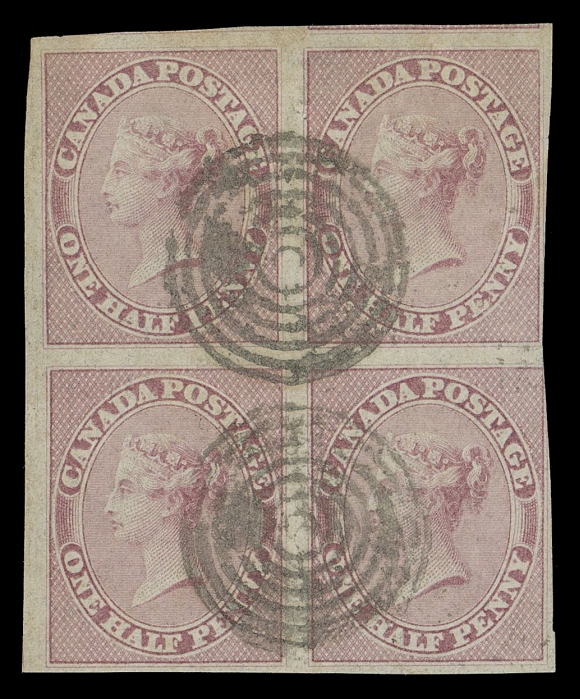 HALF PENNY AND ONE CENT  8b,The extraordinary, UNIQUE used block of four on the distinctive and very seldom encountered vertically ribbed paper, in flawless condition - completely devoid of the multitude of faults usually seen on examples of this fragile paper; touching outer frameline at right to extra large margins with portion of adjacent stamps at top, ideally struck with two concentric rings cancels. One of the rarest and most valuable items of the Half penny stamp, with excellent pedigree, F-VFExpertization: 1997 Greene Foundation and 1997 Charles Firby Expertizing certificatesProvenance: Sam Nickle Pence Issue Collection, Firby Auctions, October 1988; Lot 393E. Carey Fox, First Portion, H.R. Harmer Inc., May 1968; Lot 348.Charles Lathrop Pack, Part I, Harmer, Rooke & Co., December 1944; Lot 103 - offered then as a block of six.Literature: Illustrated in Winthrop Boggs "The Postage Stamps and Postal History of Canada" handbook on page 150 (as the original block of six).A SPECTACULAR BLOCK FROM THE FAMOUS "PACK" COLLECTION. AN IMPORTANT AND UNIQUE SHOWPIECE.