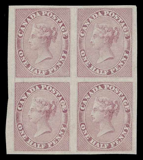 HALF PENNY AND ONE CENT  8i,A remarkable unused block with part sheet margin at left,  displaying huge margins and fabulous colour on fresh white wove  paper, minute scuff on lower left stamp is hardly discernible,  nevertheless a very seldom seen block especially in such superior condition, VF-XFThe upper left stamp (Pos 49 in the setting of 120) shows a strong extended vertical frameline variety at lower left.Expertization: Greene Foundation cert. (1984, as CS 4a).Provenance: Dale-Lichtenstein, Sale 7 - British North America  Part Three, H.R. Harmer, Inc., January 1970; Lot 891 - originally an irregular block of 14 from which it originates