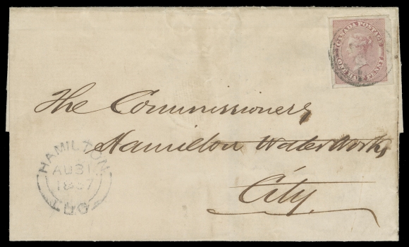 HALF PENNY AND ONE CENT  1857 (August 31) Folded cover from Hamilton addressed locally, bearing a superb margined example of ½p rose on medium wove paper imperforate, tied by centrally struck, partially legible, rare four-ring 
