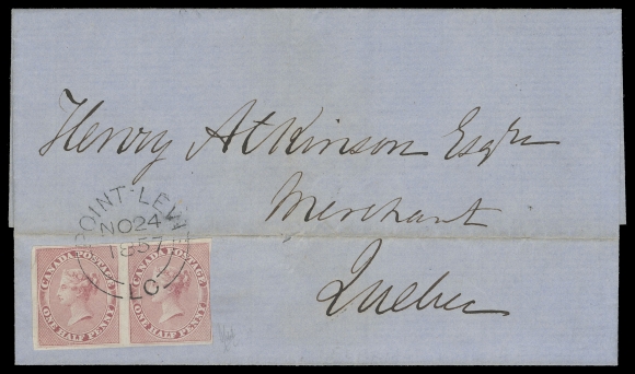 HALF PENNY AND ONE CENT  1857 (November 24) A clean blue folded cover mailed from Point  Levi, L.C. to Québec, across the St. Lawrence River, bearing a  horizontal pair of half penny rose on medium wove paper,  imperforate, in outer frame at right with ample to large margins  on other sides, tied by a superbly struck Point Levi NO 24 1857  double arc dispatch, same day receiver backstamp, paying the very rare adjacent post office rate (also known as "ferriage across  St. Lawrence River" rate) - THE EARLIEST KNOWN PENCE FRANKED  COVER paying this rate; pencil signed by expert Peter Holcombe. A great showpiece for a serious postal history collection, VF  (Unitrade 8 + 8 variety)Right-hand stamp shows the Major Re-entry (Position 60 from plate of 120 subjects) with clear doubling at bottom of "HALF" and in  oval above "AGE" of "POSTAGE", among other traits.Expertization: 1986 Peter Holcombe certificateProvenance: Guilford Collection of Canada Pence Issues, Siegel,  September 1994; Lot 2125Census: This is cover No. 1 listed in "Canada