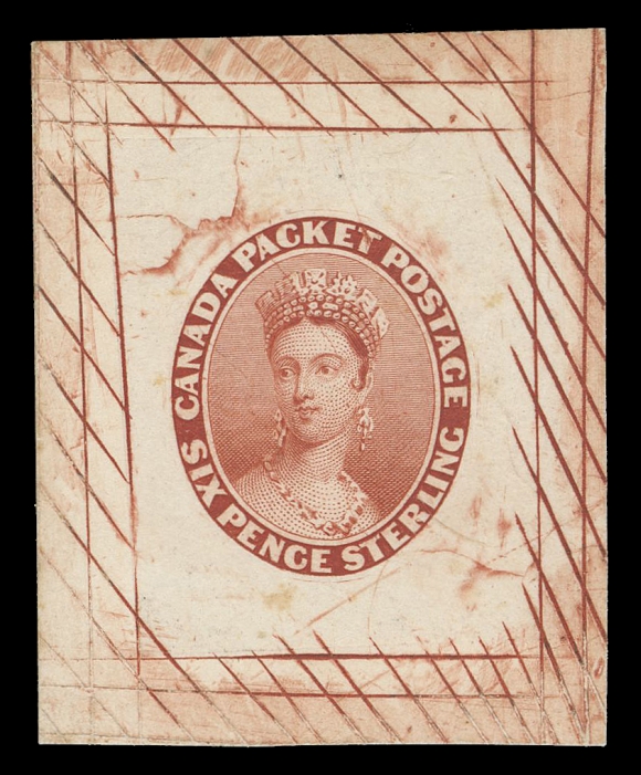SEVEN AND ONE HALF PENCE AND TWELVE AND ONE HALF CENTS  9,Engraved "Goodall" Die proof of the Chalon portrait and lettering, surrounded by cross-hatched lines, printed in orange red on india paper 25 x 28mm sunk on card 32 x 39mm. An exceptional proof in choice condition, VF+; a very small number exist in this colour. (Minuse & Pratt 9Eb)Provenance: The "Lindemann" Collection - Canada Pence & Cents Issue (private treaty circa. 1997)